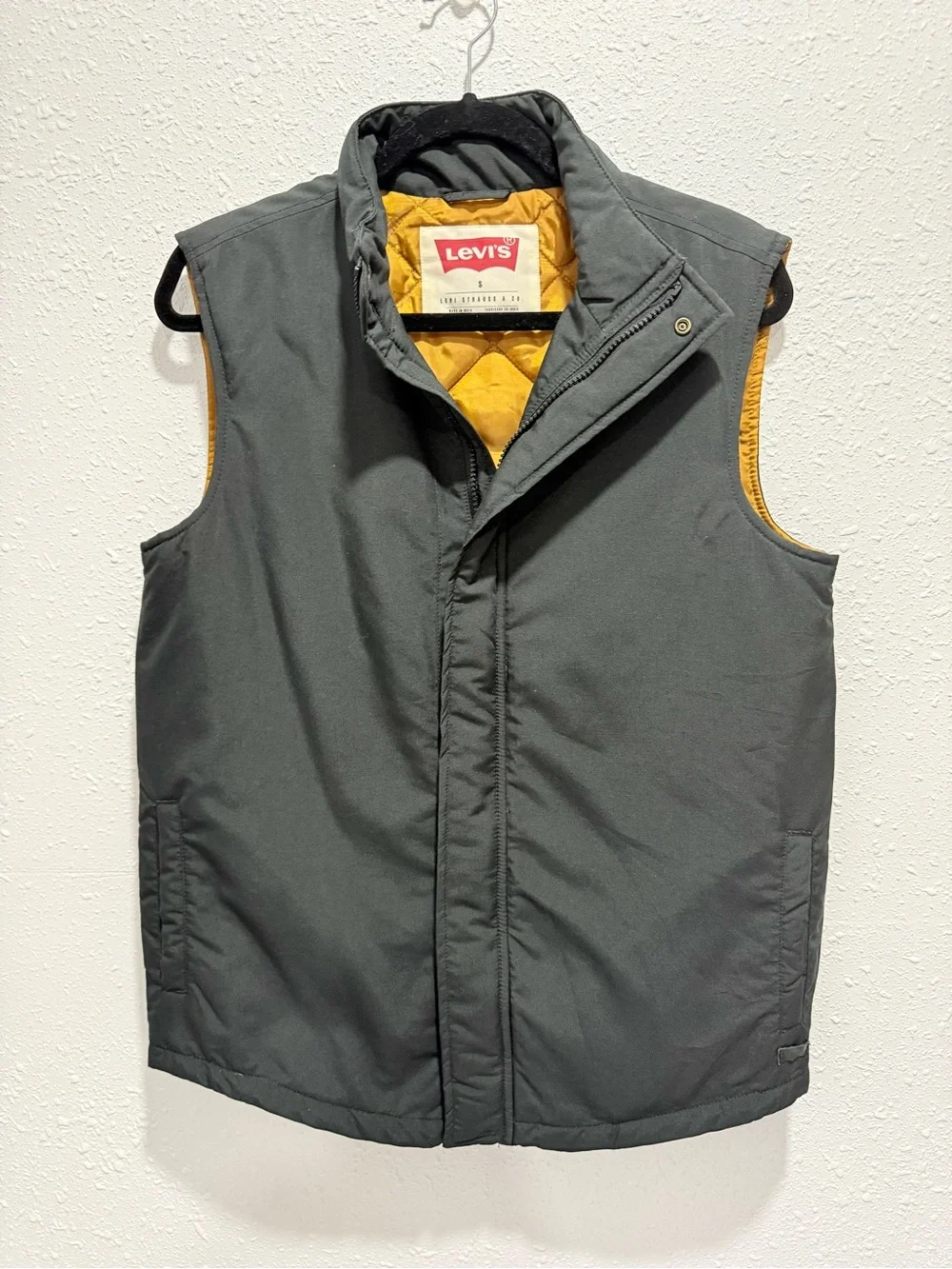 Levi's Dark Gray Quilted Vest with Yellow Trim S